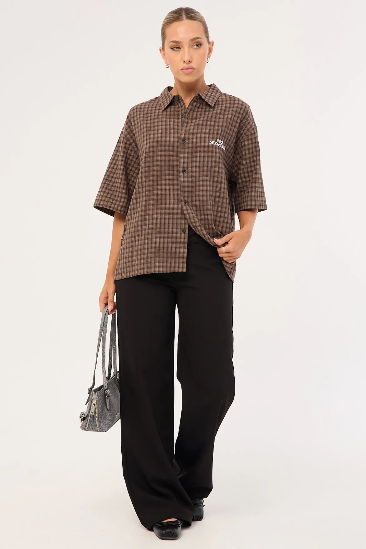 Tribal Oversize Cropped Shirt Brown Check