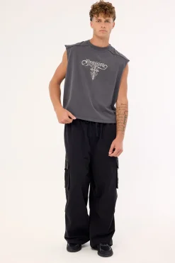 Tusk Distressed Cropped Muscle Tank Washed Black