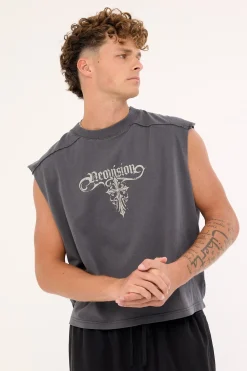 Tusk Distressed Cropped Muscle Tank Washed Black