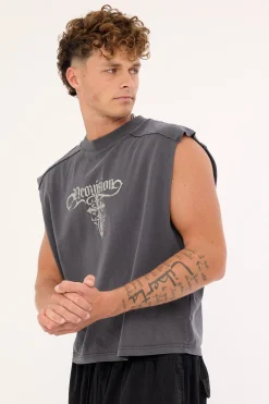 Tusk Distressed Cropped Muscle Tank Washed Black
