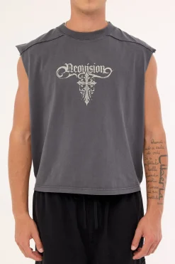 Tusk Distressed Cropped Muscle Tank Washed Black