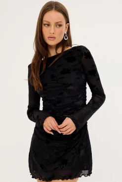 Ulla Flocked Long Sleeve Mini Dress Black
