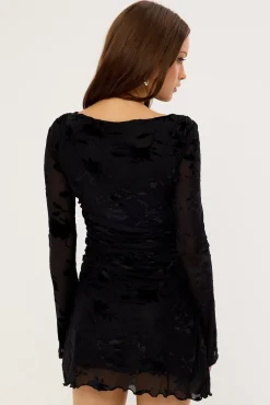 Ulla Flocked Long Sleeve Mini Dress Black