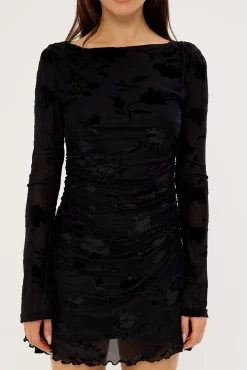 Ulla Flocked Long Sleeve Mini Dress Black