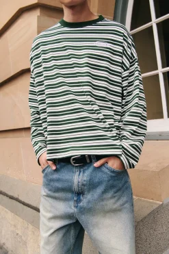 Ultrix Heavyweight Cropped Long Sleeve Tee Dark Green Stripe