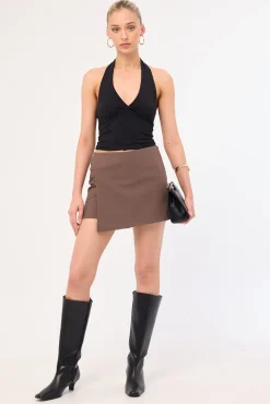 Uma Buckle Mid Rise Skort Taupe