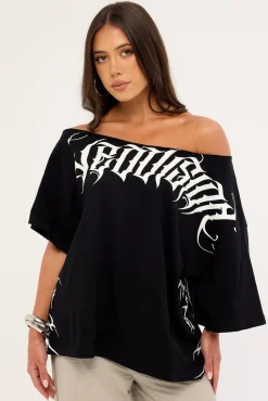 Venomous Off Shoulder Relaxed Tee Black