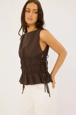 Verona Ruched Side Tie Top Chocolate