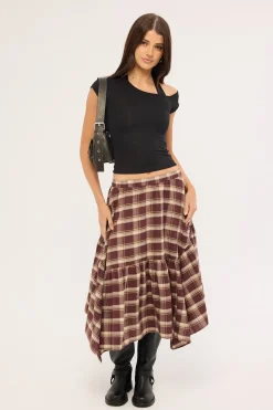 Vintage Check Midi Skirt Brown Print