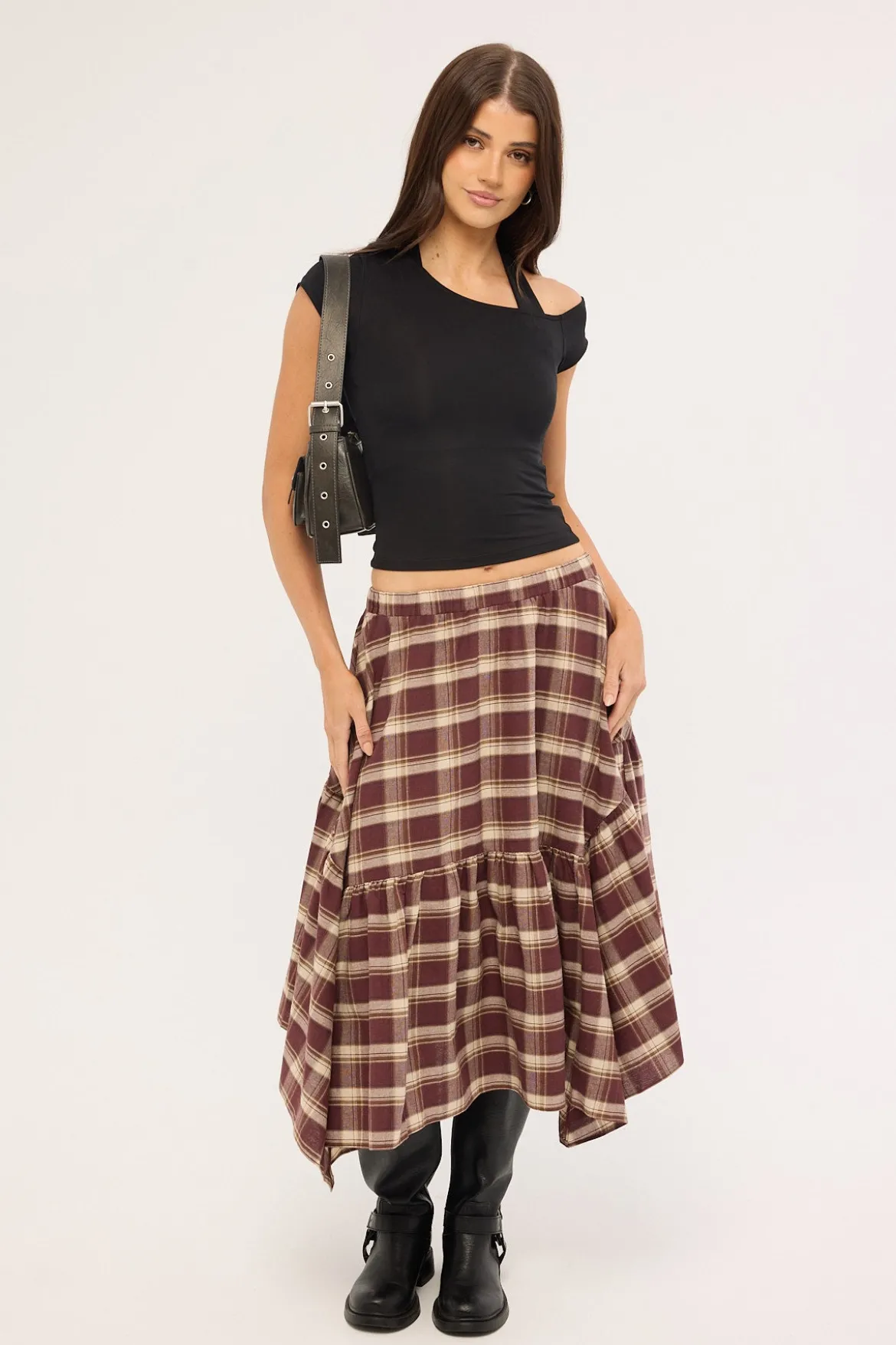 Vintage Check Midi Skirt Brown Print