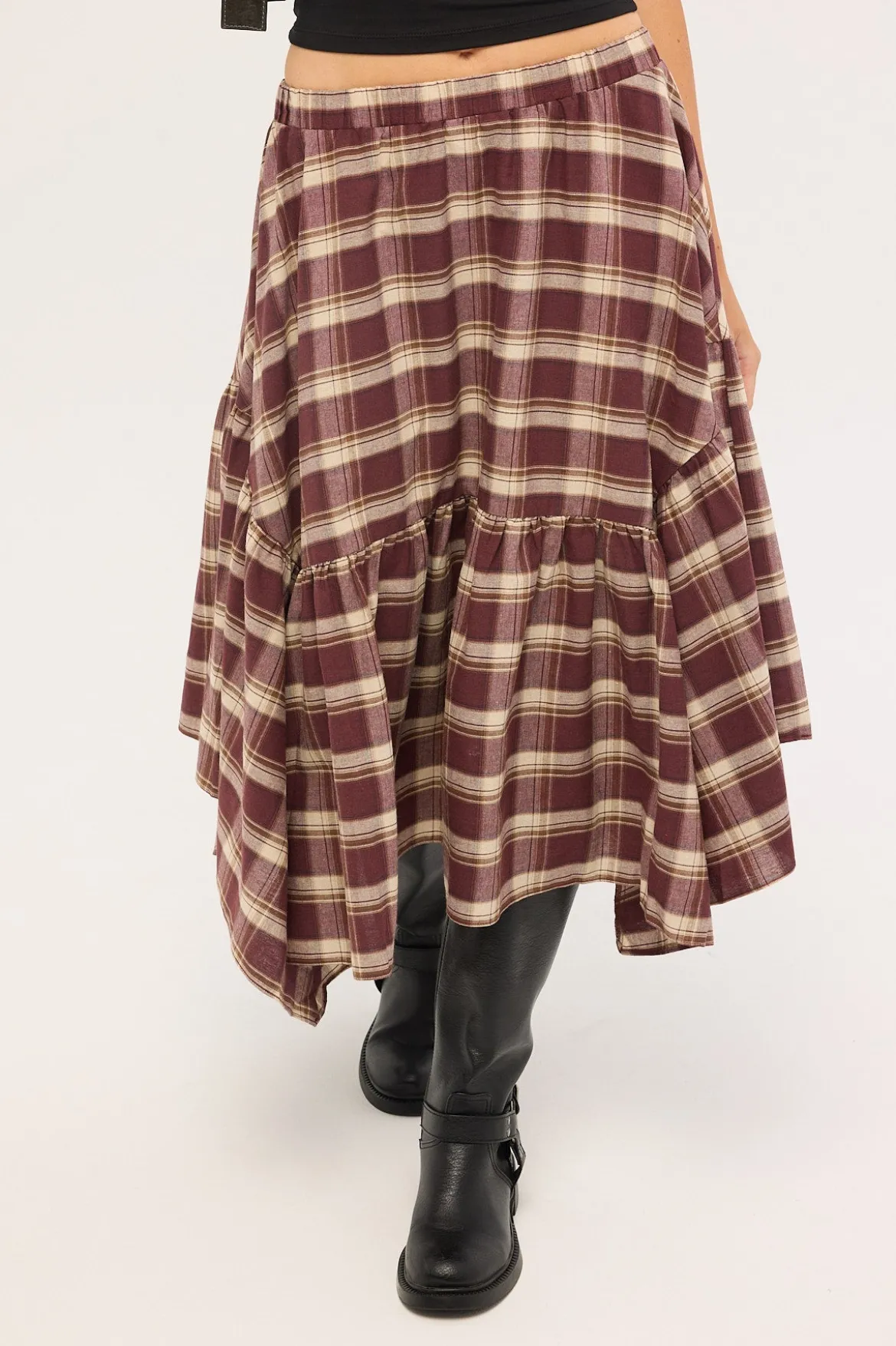 Vintage Check Midi Skirt Brown Print