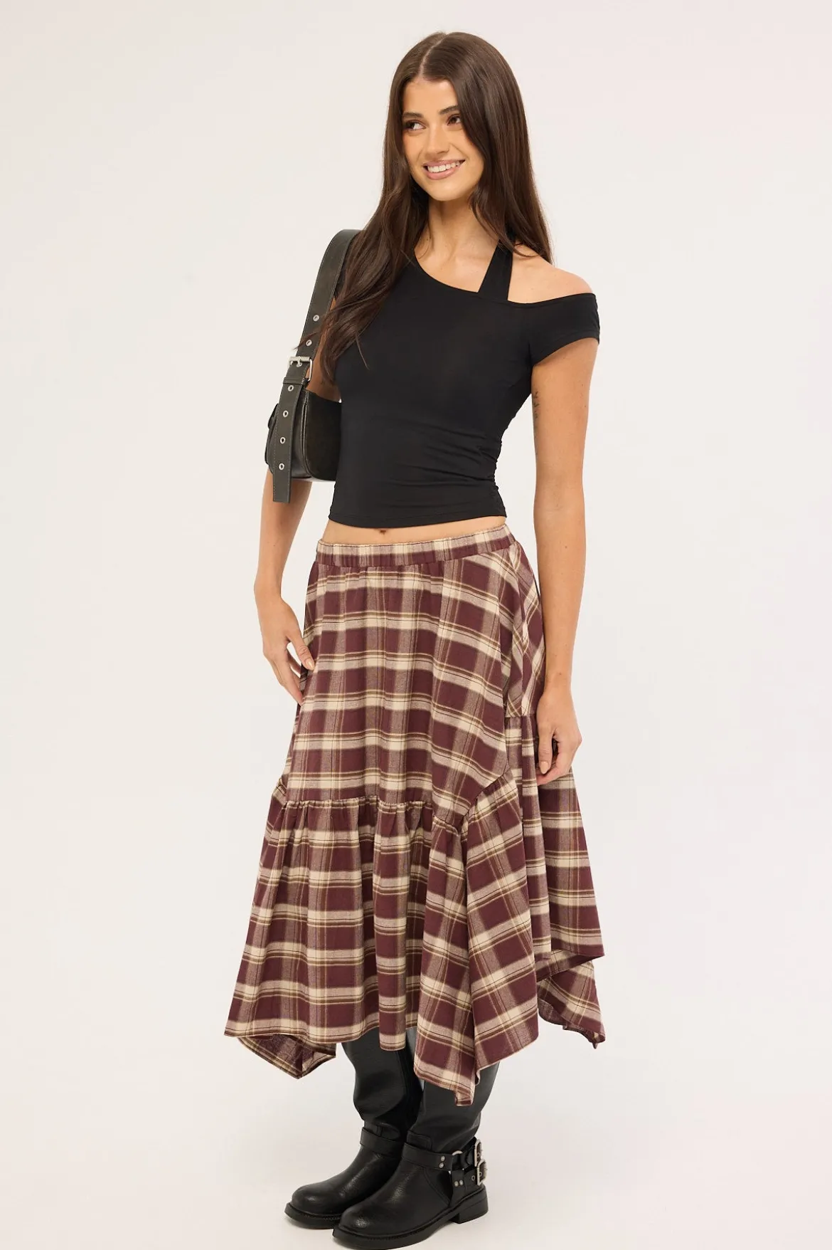 Vintage Check Midi Skirt Brown Print