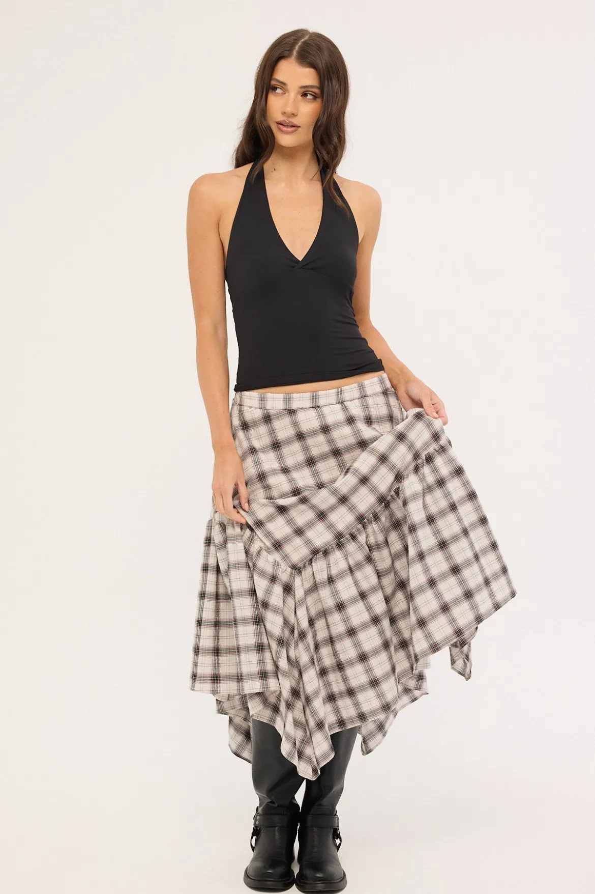 Vintage Check Midi Skirt Check Print