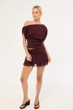 Vionne Mesh Off Shoulder Top Plum