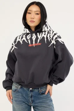 Virus Cropped Oversized Hoodie Washed Black
