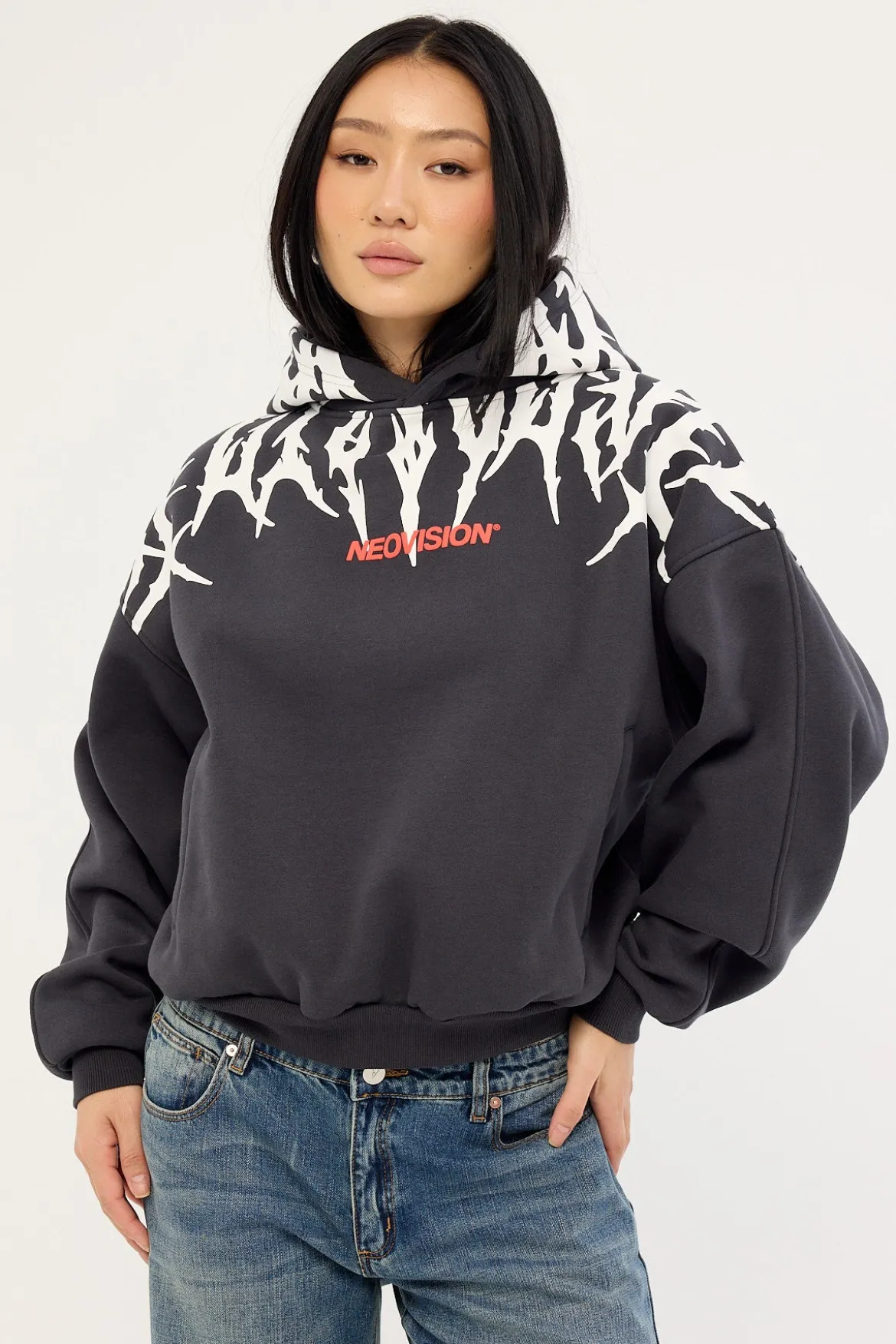 Virus Cropped Oversized Hoodie Washed Black