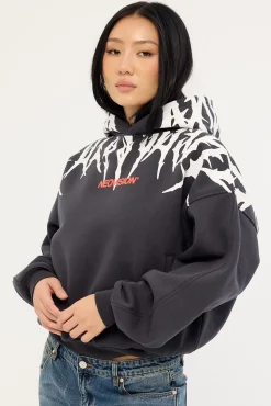 Virus Cropped Oversized Hoodie Washed Black