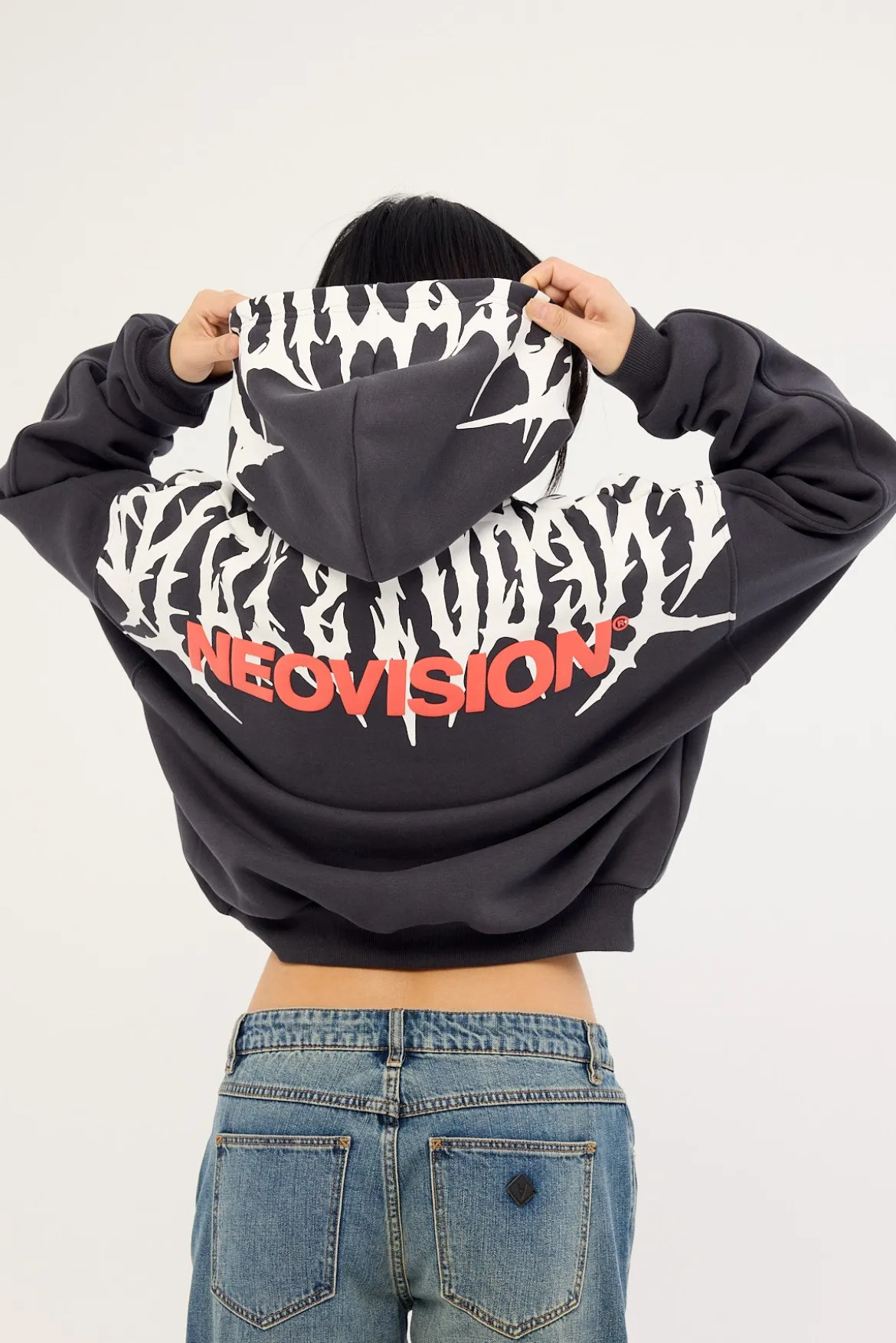 Virus Cropped Oversized Hoodie Washed Black