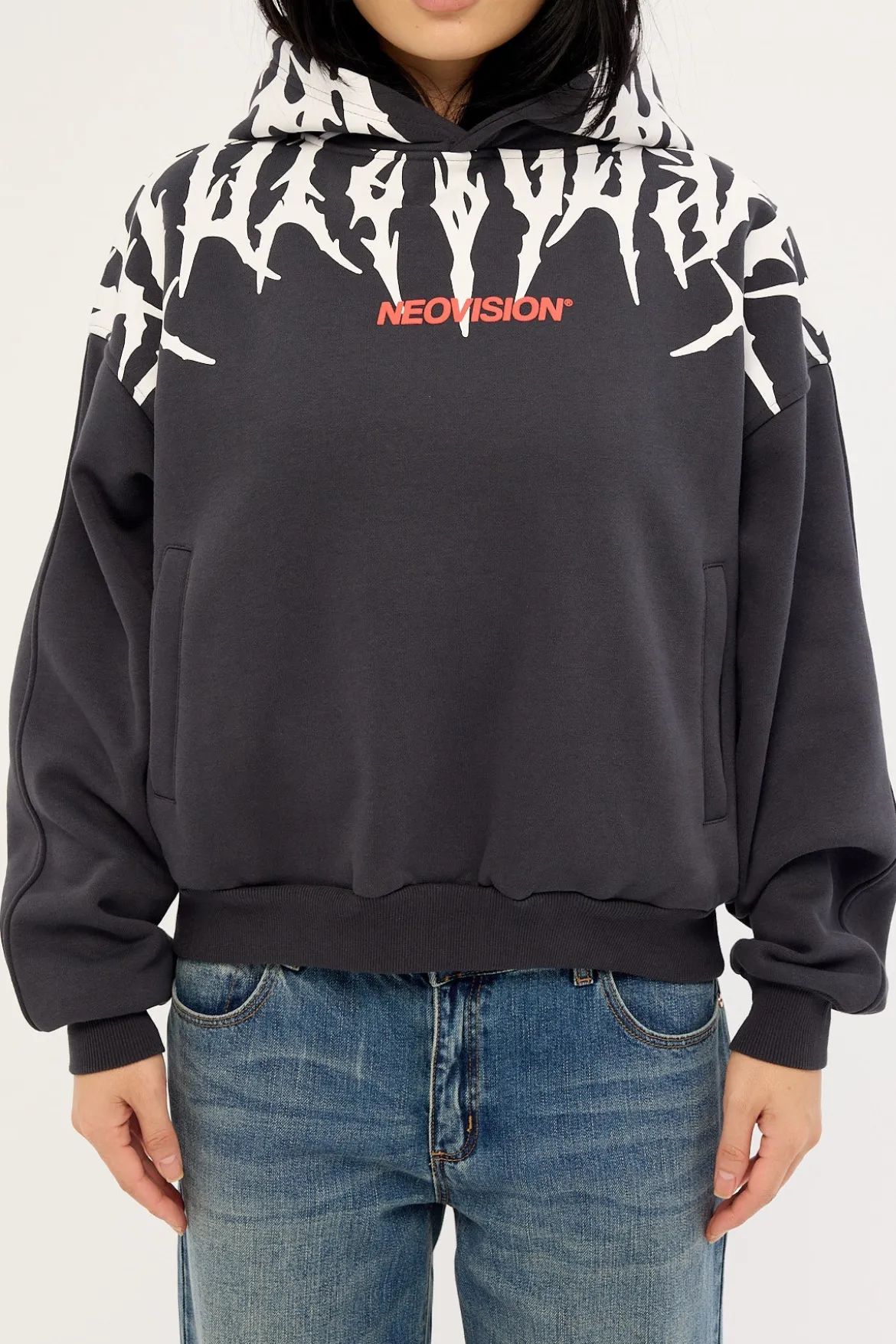 Virus Cropped Oversized Hoodie Washed Black
