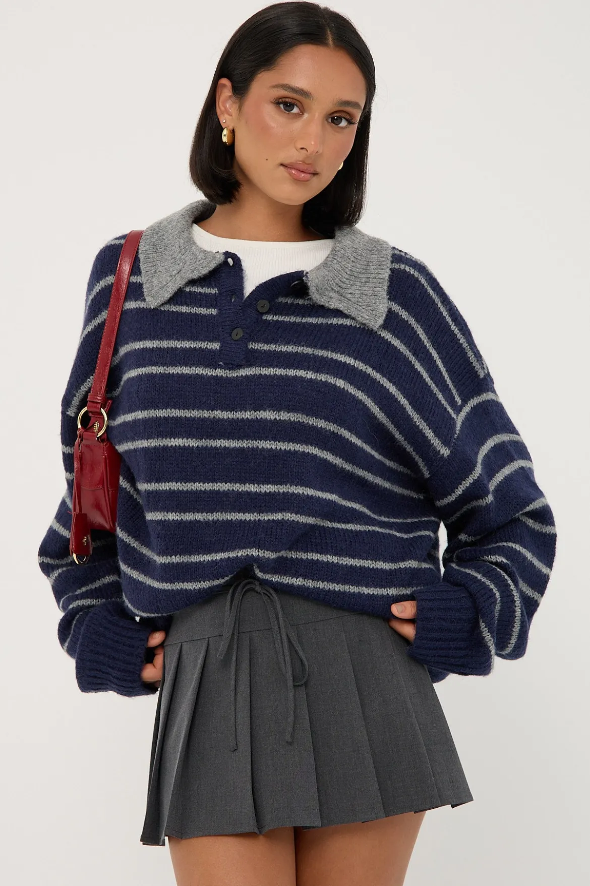 Waist Cord Tie Pleated Skirt Grey