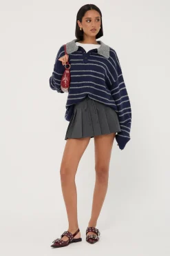 Waist Cord Tie Pleated Skirt Grey