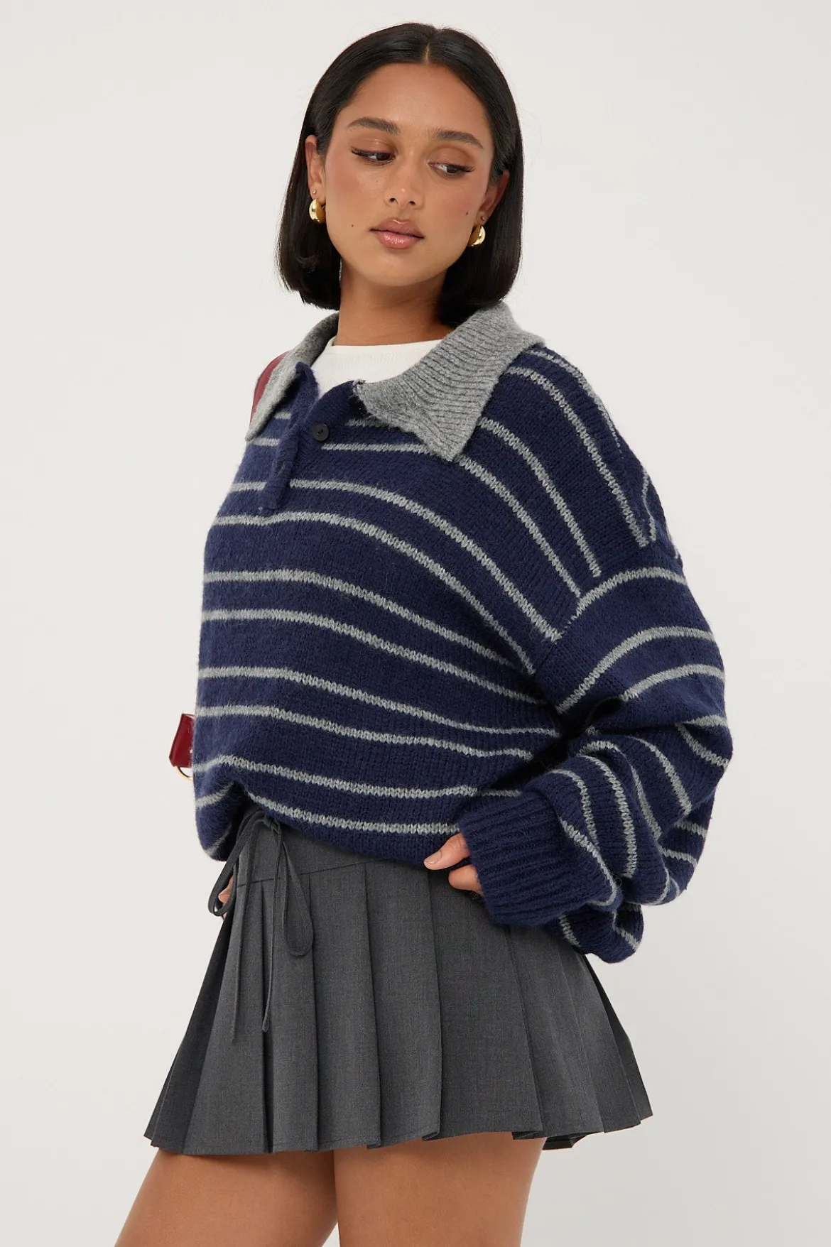 Waist Cord Tie Pleated Skirt Grey