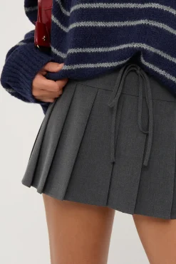 Waist Cord Tie Pleated Skirt Grey