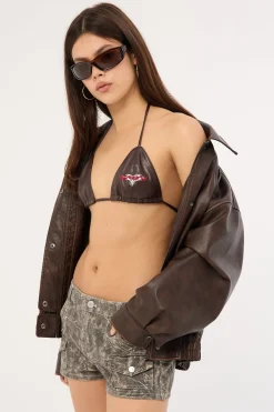 Washed PU Tie Up Bralette Washed Brown