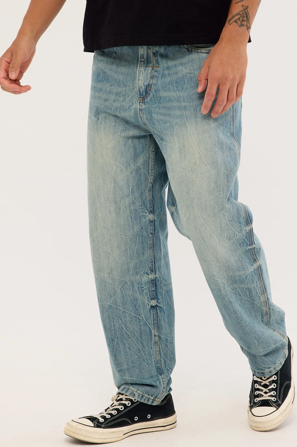 Web Of Deceit Mid Slacker Denim Jean Dirty Crinkle Blue