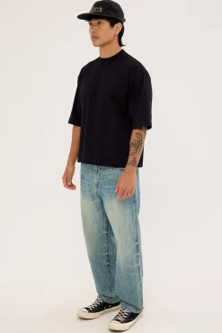 Web Of Deceit Mid Slacker Denim Jean Dirty Crinkle Blue