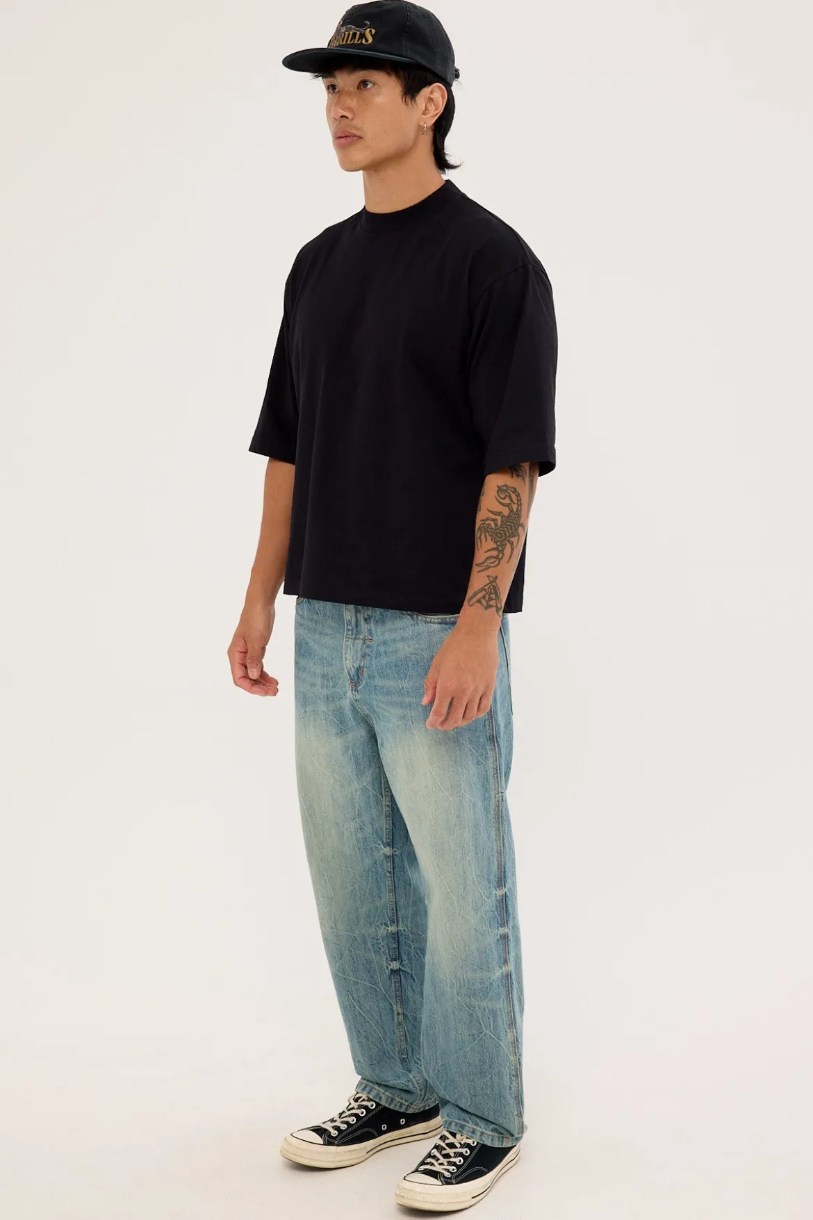 Web Of Deceit Mid Slacker Denim Jean Dirty Crinkle Blue
