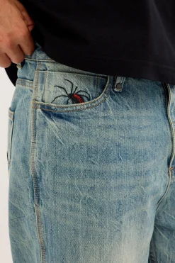 Web Of Deceit Mid Slacker Denim Jean Dirty Crinkle Blue