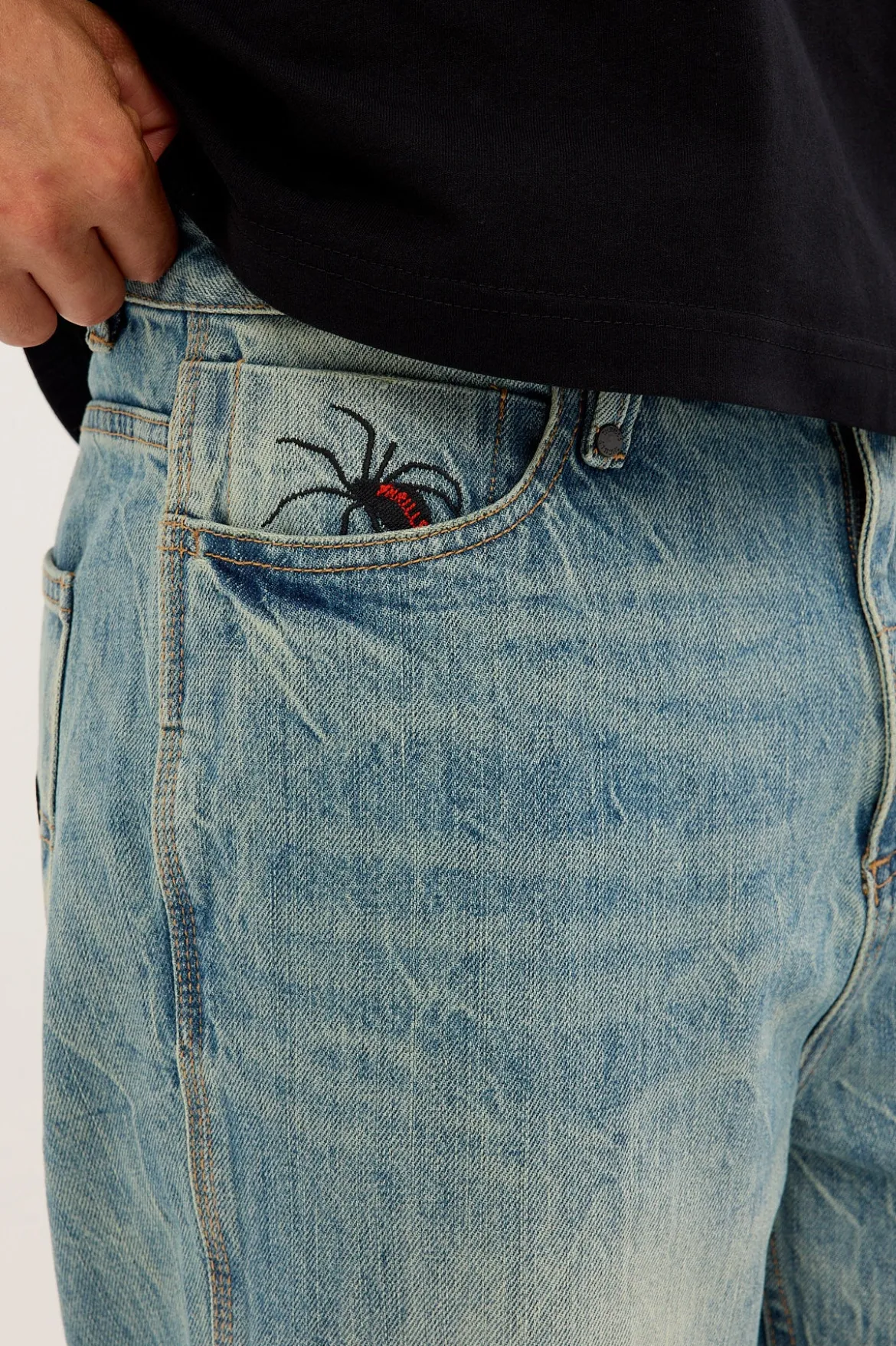 Web Of Deceit Mid Slacker Denim Jean Dirty Crinkle Blue