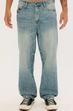 Web Of Deceit Mid Slacker Denim Jean Dirty Crinkle Blue