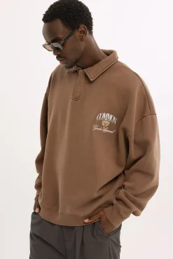 Whitaker Cropped Rugby Fleece Sweater Washed Coffee