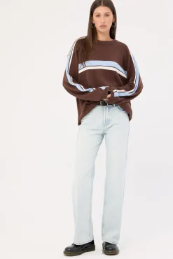 White Lines Long Sleeve Crew Neck Knit Java