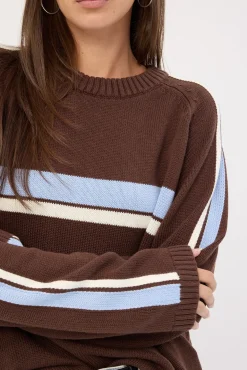 White Lines Long Sleeve Crew Neck Knit Java