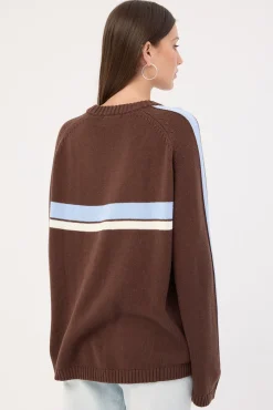White Lines Long Sleeve Crew Neck Knit Java