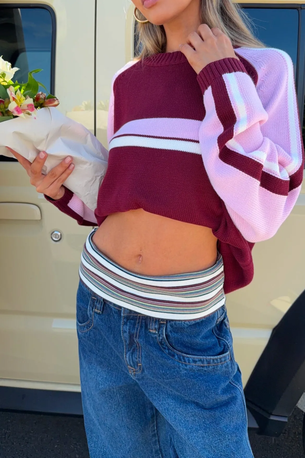 White Lines Two L/S Crew Neck Knit Burgundy