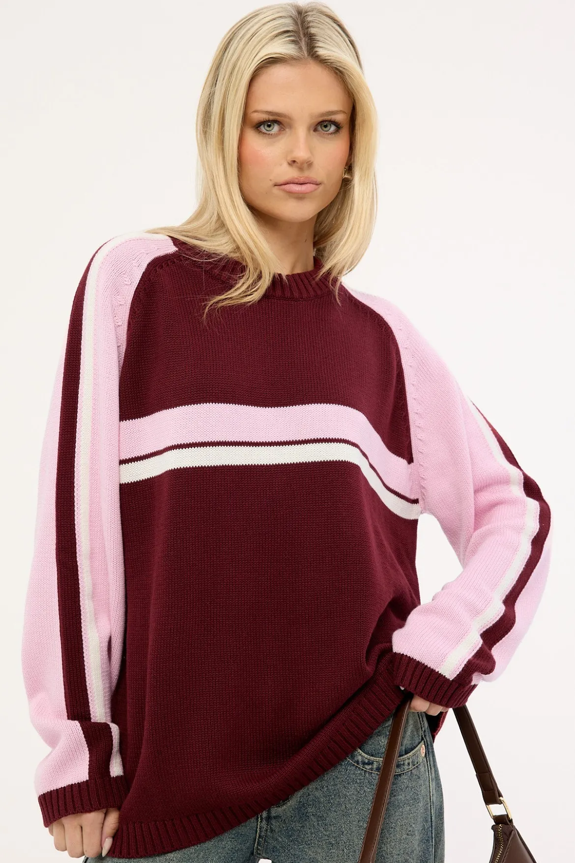 White Lines Two L/S Crew Neck Knit Burgundy