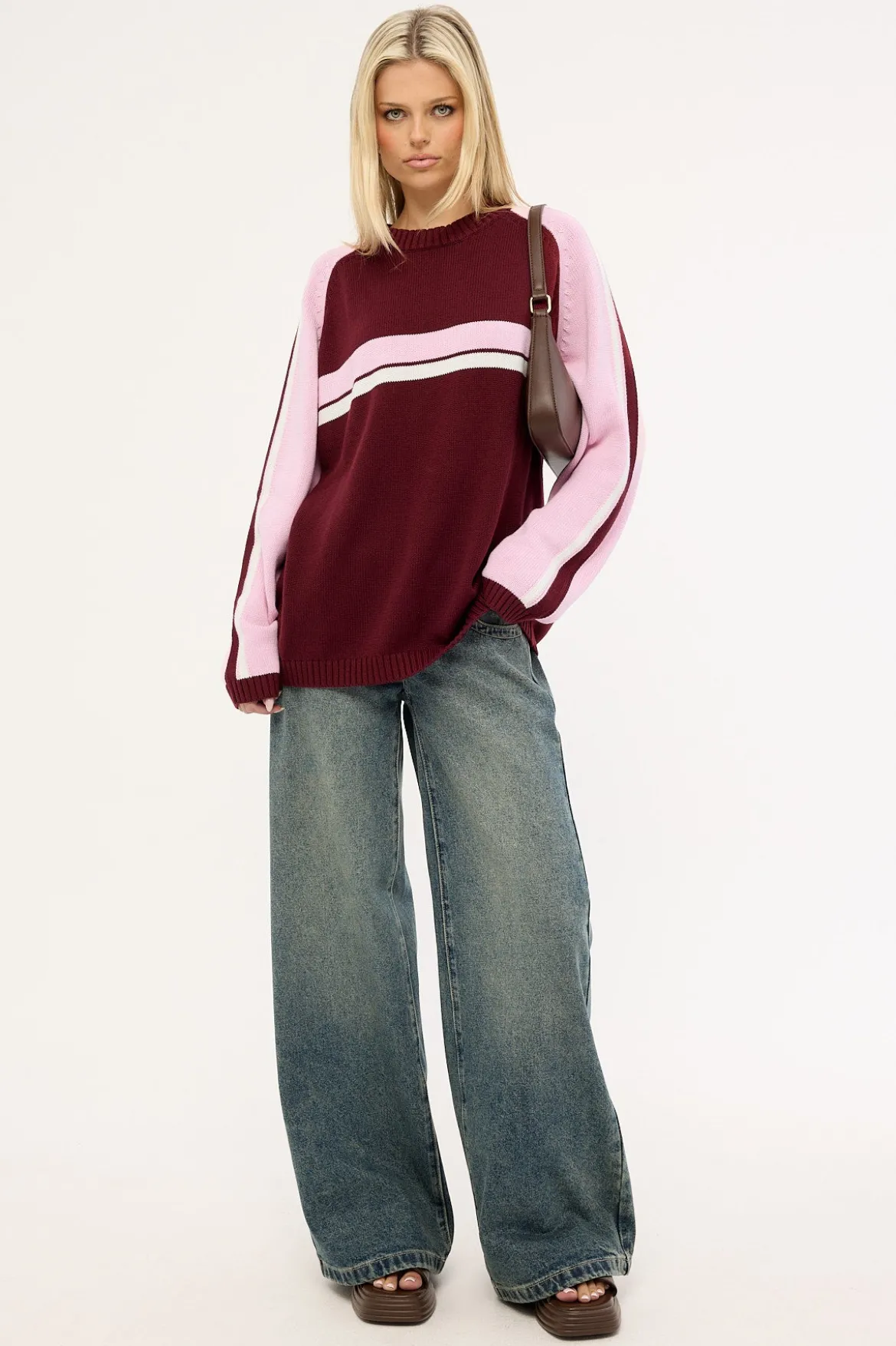 White Lines Two L/S Crew Neck Knit Burgundy