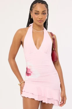 Wisteria Flower Halter Mini Dress Pink