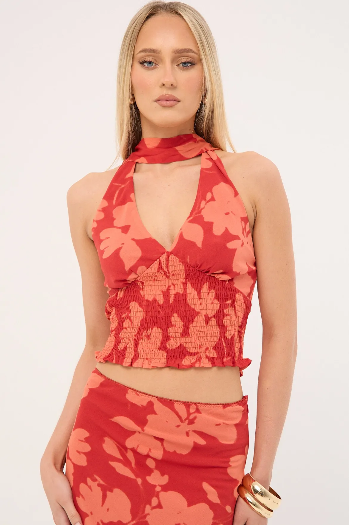 Zinna Halter Top Red Print
