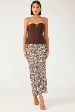 Ziva Satin Maxi Skirt Brown Print