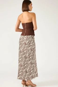 Ziva Satin Maxi Skirt Brown Print